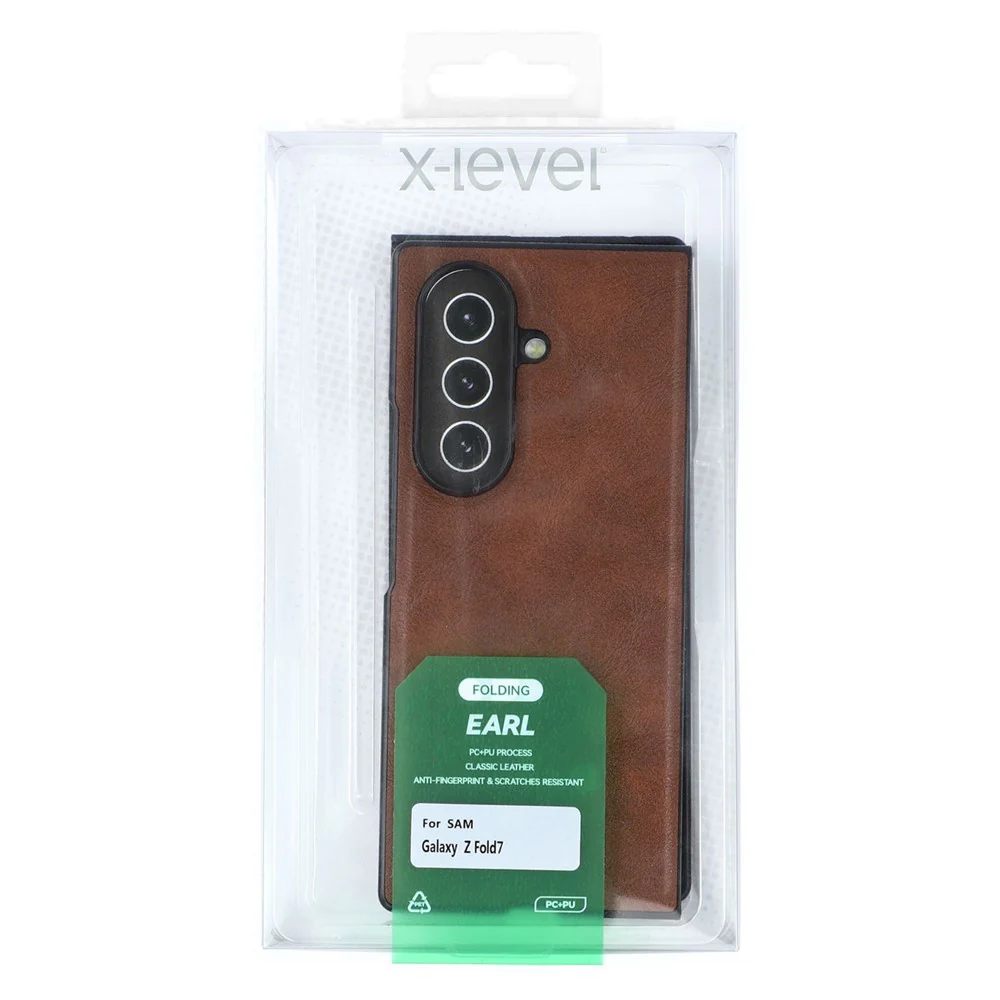 X-LEVEL Bojue-3 Series For Samsung Galaxy Z Fold7 5G Case Leather Coated PC+TPU Phone Back Cover - Brown - Image 5