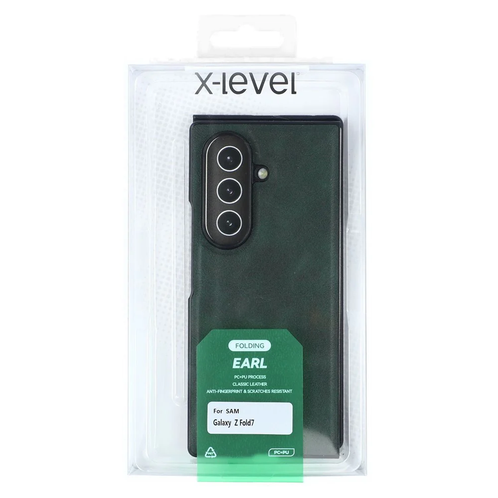 X-LEVEL Bojue-3 Series For Samsung Galaxy Z Fold7 5G Case Leather Coated PC+TPU Phone Back Cover - Midnight Green - Image 5