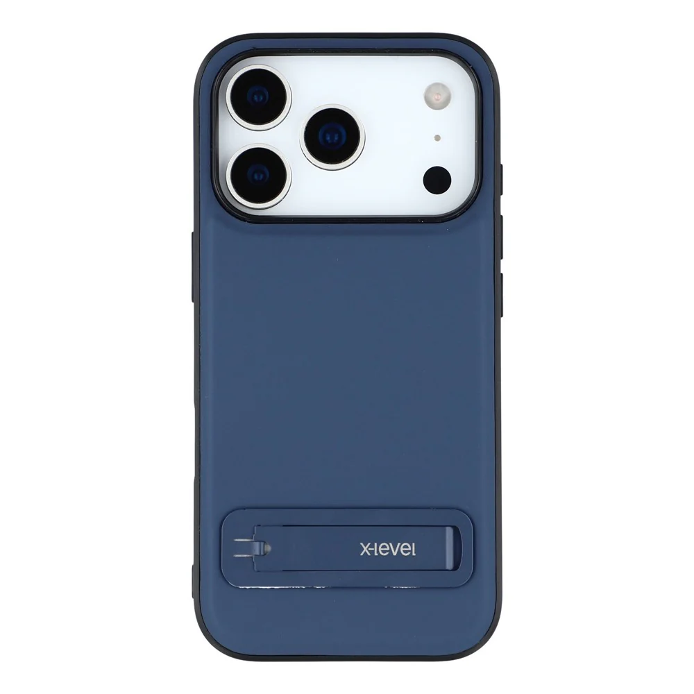 X-LEVEL For iPhone 17 Pro Max Case Leather Coated PC TPU Phone Back Cover with Metal Kickstand - Blue - Image 3