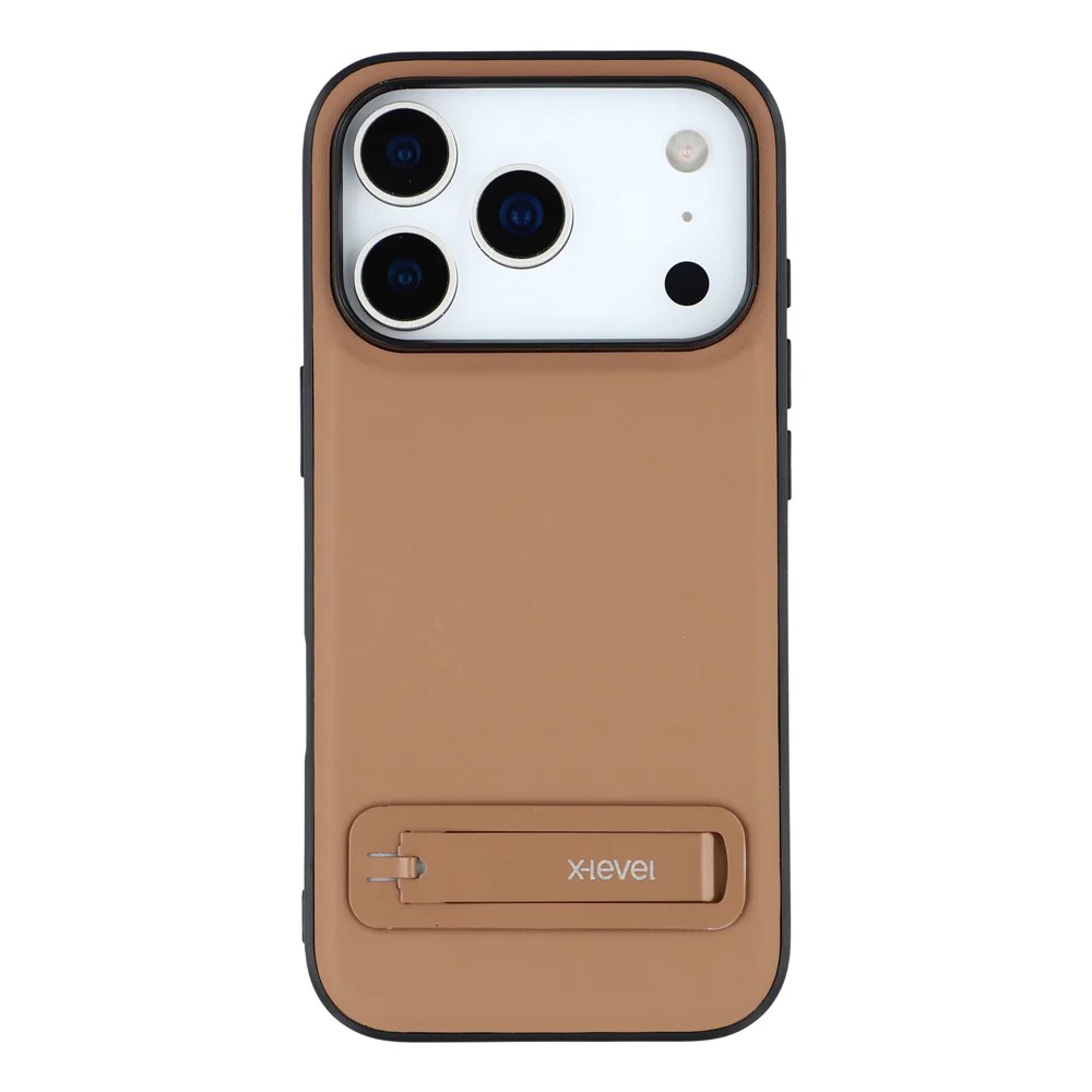 X-LEVEL For iPhone 17 Pro Max Case Leather Coated PC TPU Phone Back Cover with Metal Kickstand - Brown - Image 3