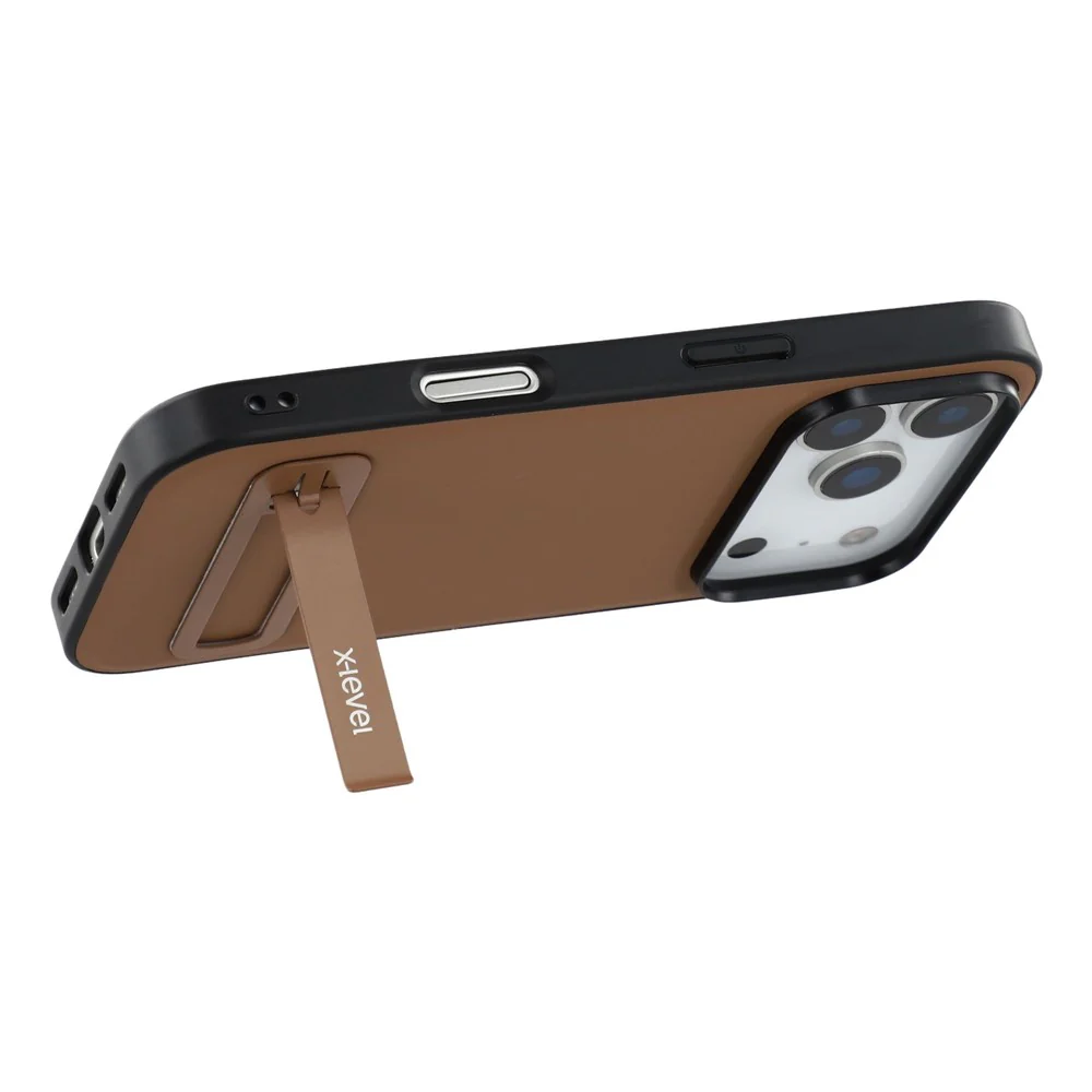 X-LEVEL For iPhone 17 Pro Max Case Leather Coated PC TPU Phone Back Cover with Metal Kickstand - Brown - Image 4