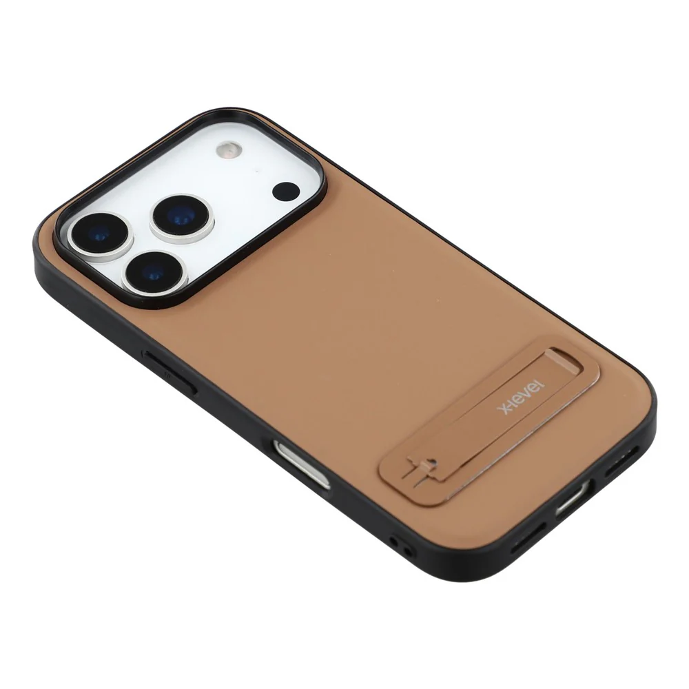 X-LEVEL For iPhone 17 Pro Max Case Leather Coated PC TPU Phone Back Cover with Metal Kickstand - Brown - Image 5