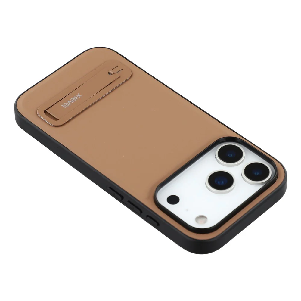 X-LEVEL For iPhone 17 Pro Max Case Leather Coated PC TPU Phone Back Cover with Metal Kickstand - Brown - Image 6