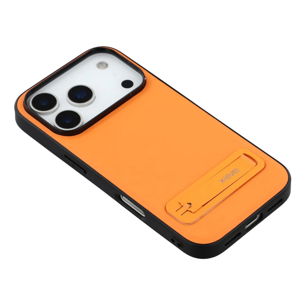 X-LEVEL For iPhone 17 Pro Max Case Leather Coated PC TPU Phone Back Cover with Metal Kickstand - Orange - Image 6