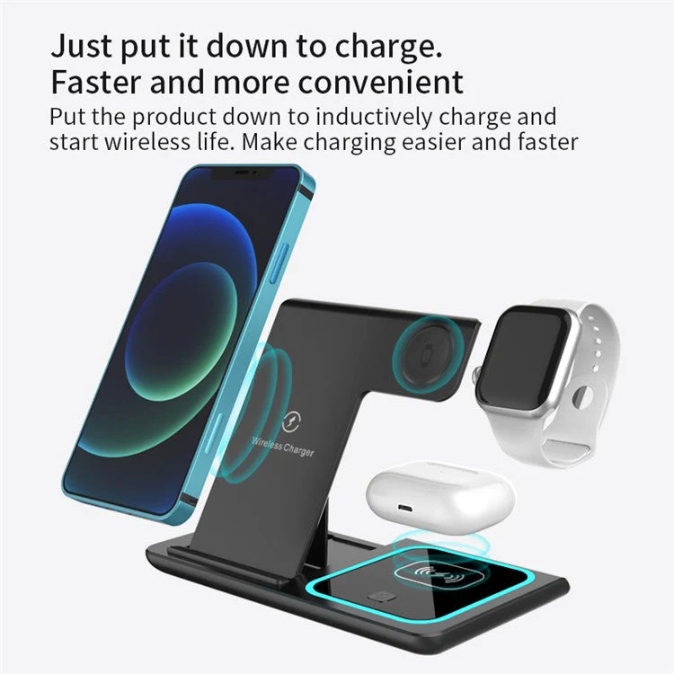 X455 Foldable 3-in-1 15W Wireless Charger Desktop Qi Fast Charging Stand Dock for iPhone Android iWatch AirPods - White - Image 3