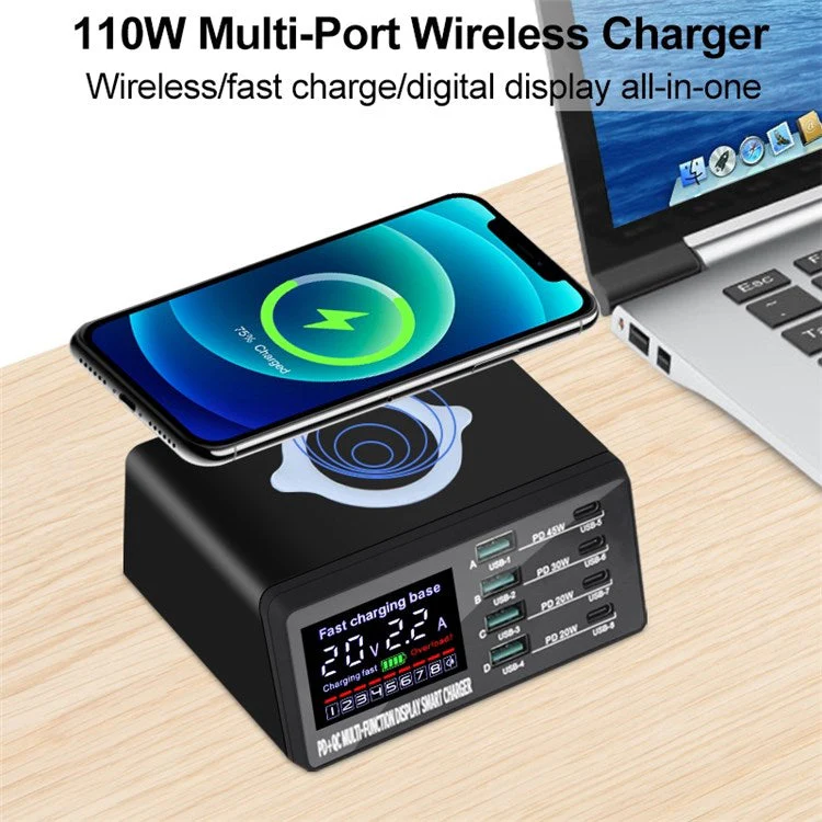 X9D 110W USB+PD Smart Multi-Port Charger + Wireless Charger for iPhone iPad AC100-240V Anti-Slip Charging Station - EU Plug - Image 2