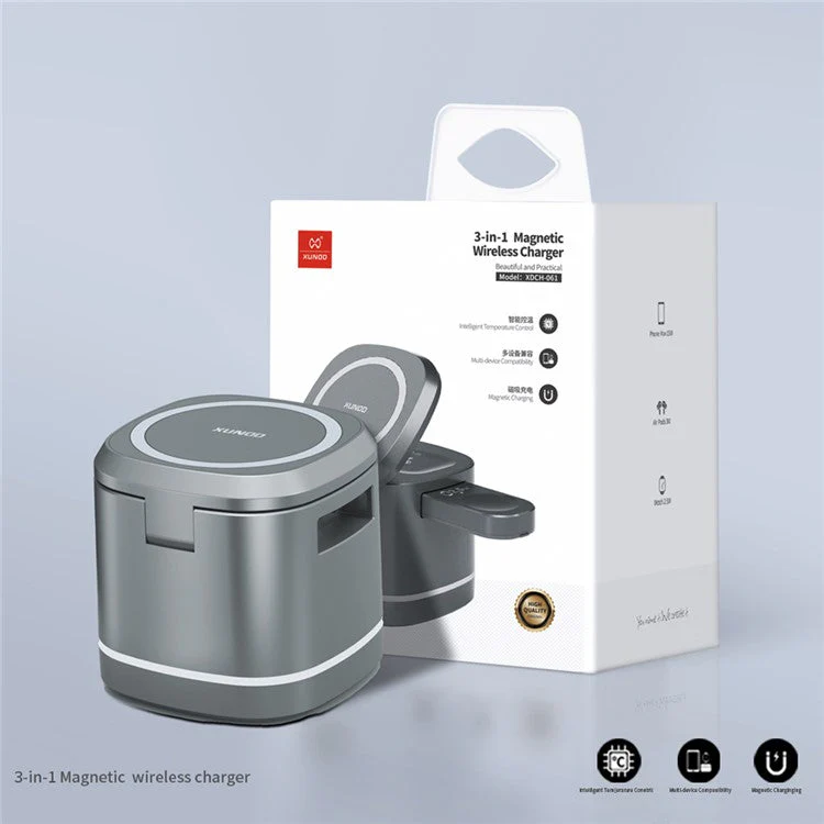 XUNDD XDCH-061 3-in-1 Magnetic Wireless Charger Folding Cell Phone Charging Stand for Headset, iWatch - Grey - Image 4