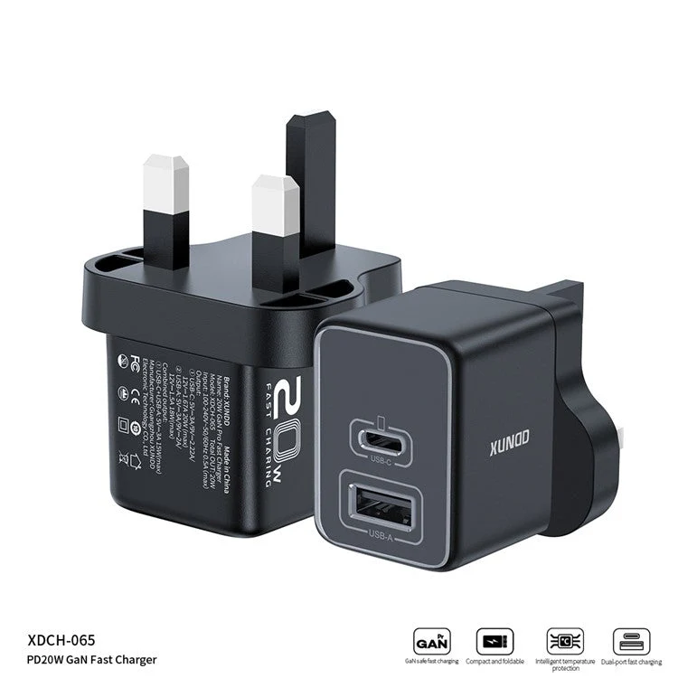 XUNDD XDCH-065 20W Fast Charging Block Type-C+USB-A GaN Power Adapter - UK Plug - Image 2