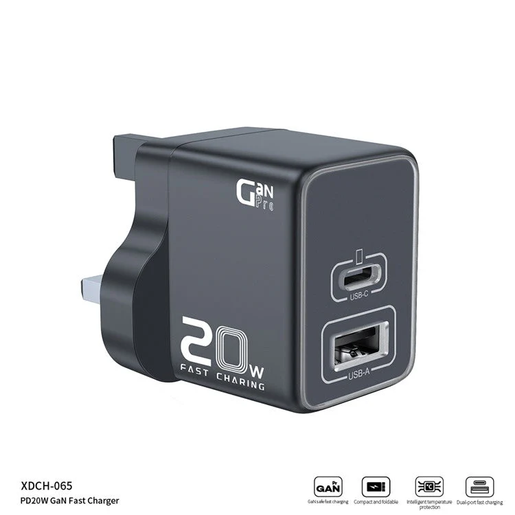 XUNDD XDCH-065 20W Fast Charging Block Type-C+USB-A GaN Power Adapter - UK Plug - Image 3