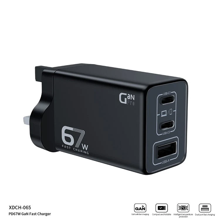 XUNDD XDCH-065 67W Fast Charging GaN Wall Charger USB-A+2xType-C Power Adapter - UK Plug - Image 3