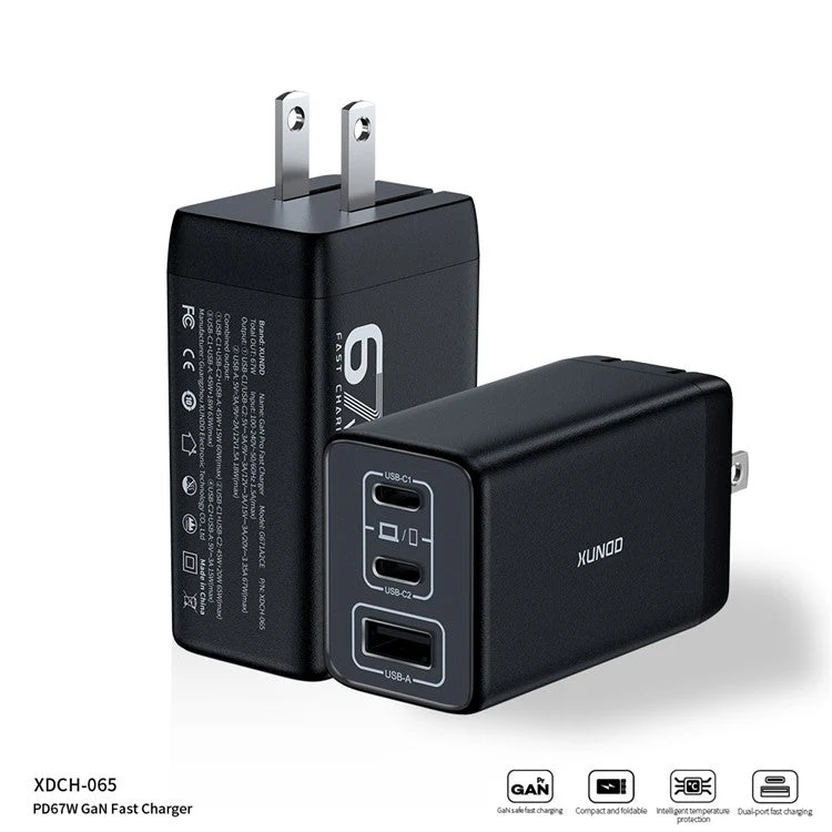 XUNDD XDCH-065 67W Fast Charging GaN Wall Charger USB-A+2xType-C Power Adapter - US Plug - Image 2