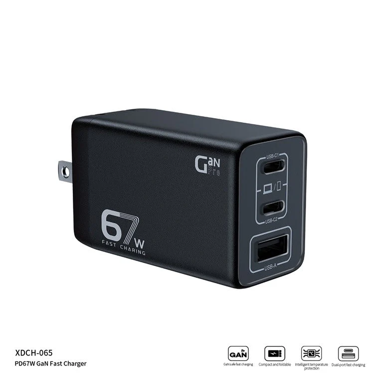 XUNDD XDCH-065 67W Fast Charging GaN Wall Charger USB-A+2xType-C Power Adapter - US Plug - Image 3