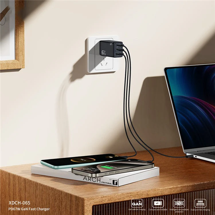 XUNDD XDCH-065 67W Fast Charging GaN Wall Charger USB-A+2xType-C Power Adapter - US Plug - Image 4
