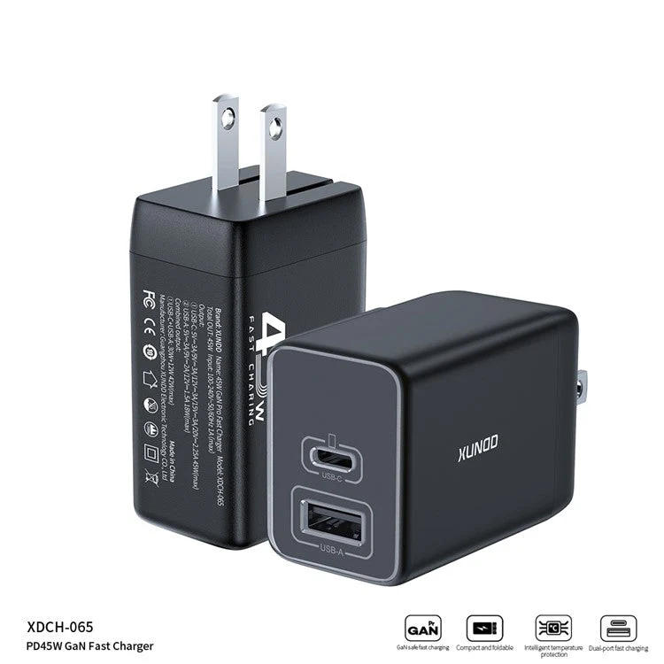 XUNDD XDCH-065 GaN Power Adapter Type-C+USB-A Dual Port 45W Fast Charging Block - US Plug - Image 2
