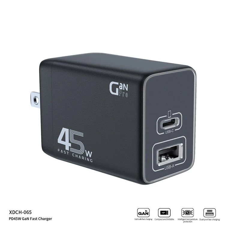 XUNDD XDCH-065 GaN Power Adapter Type-C+USB-A Dual Port 45W Fast Charging Block - US Plug - Image 3