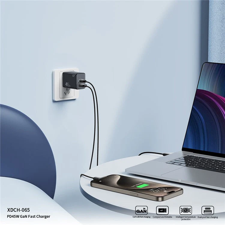 XUNDD XDCH-065 GaN Power Adapter Type-C+USB-A Dual Port 45W Fast Charging Block - US Plug - Image 4