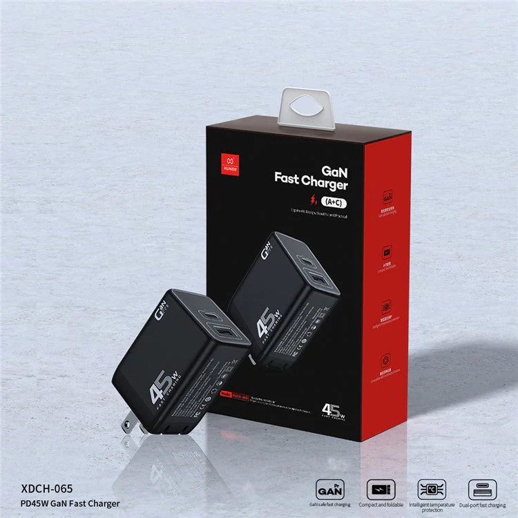 XUNDD XDCH-065 GaN Power Adapter Type-C+USB-A Dual Port 45W Fast Charging Block - US Plug - Image 5