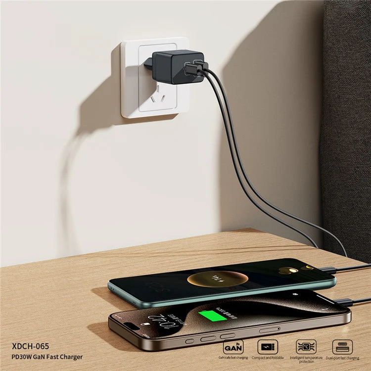 XUNDD XDCH-065 Type-C+USB-A 30W Fast Charging Block Portable GaN Power Adapter - EU Plug - Image 4