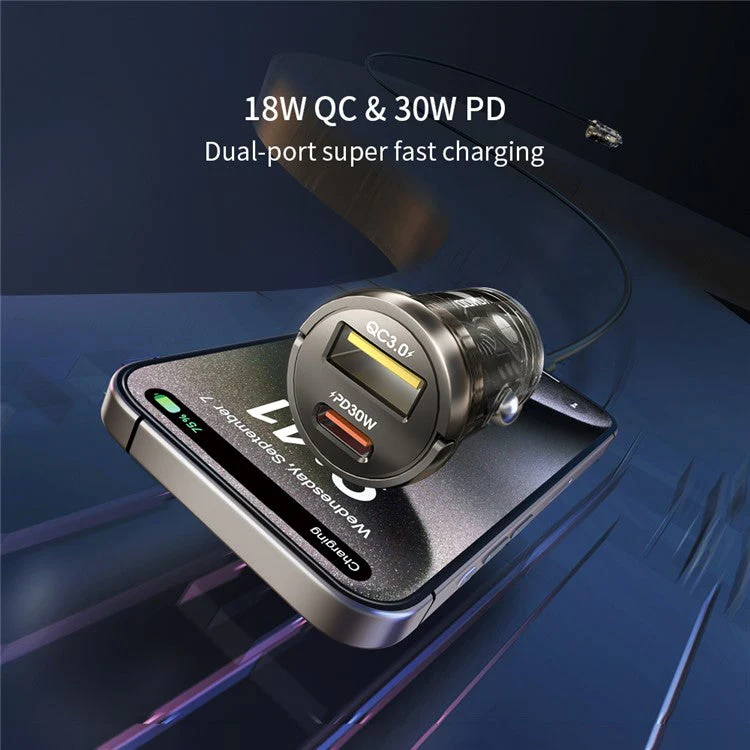 XUNDD XDCH-079 Car Charger Pull Tab PD 30W + QC3.0 Cigarette Lighter Adapter with Indicator Light - Black - Image 2