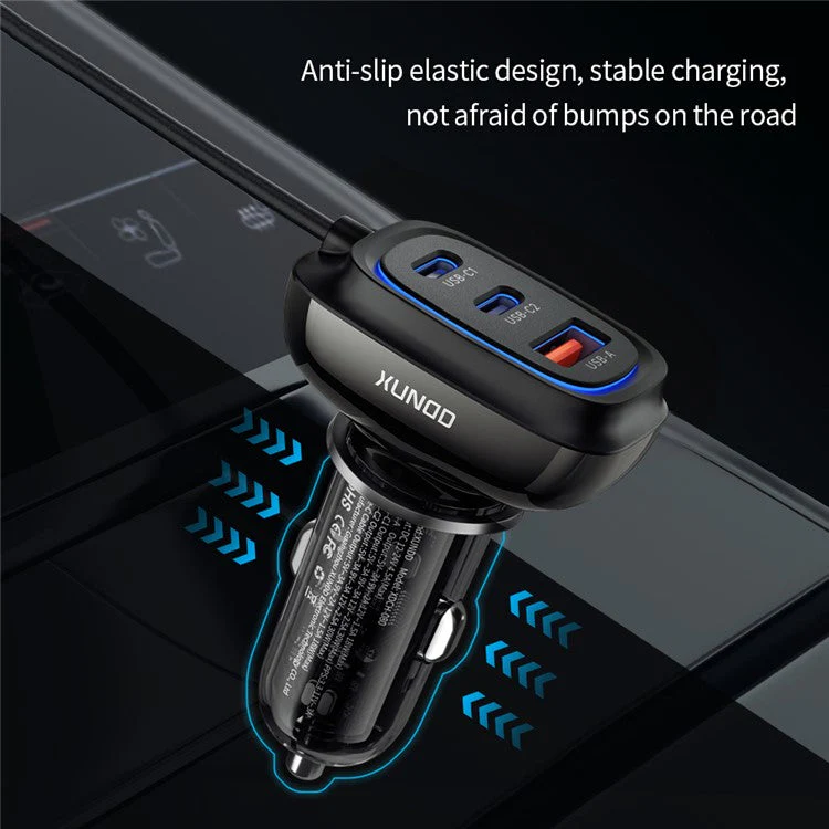 XUNDD XDCH-080 30W 3-Port Car Charger Adapter (2 USB-C + USB-A) Cigarette Lighter with Cable - Image 3