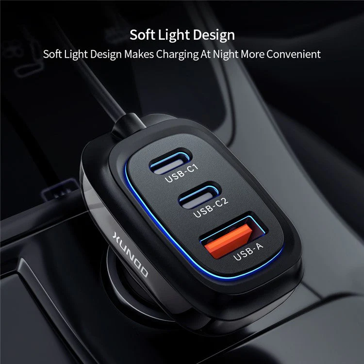 XUNDD XDCH-080 30W 3-Port Car Charger Adapter (2 USB-C + USB-A) Cigarette Lighter with Cable - Image 7