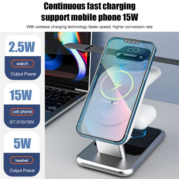 Y10 3-in-1 15W Magnetic Wireless Charger, for iPhone 12 / 13 / 14 Series / iWatch / AirPods Alloy+PC Desktop Charging Stand - White - Image 3