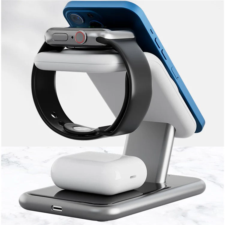 Y10 3-in-1 15W Magnetic Wireless Charger, for iPhone 12 / 13 / 14 Series / iWatch / AirPods Alloy+PC Desktop Charging Stand - White - Image 8