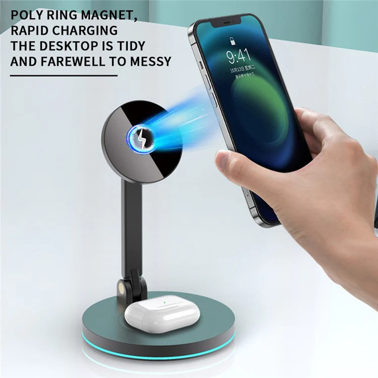 Y21 Folding Magnetic Wireless Charger 15W Fast Charging Stand Holder with LED Ambient Light for Earphones/Smart Phones - Black - Image 3