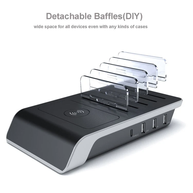 YD09 Multiple Charger Dock Organizer Stand 4 USB Ports Desktop Charging Station QI Wireless Charging Pad - Image 5
