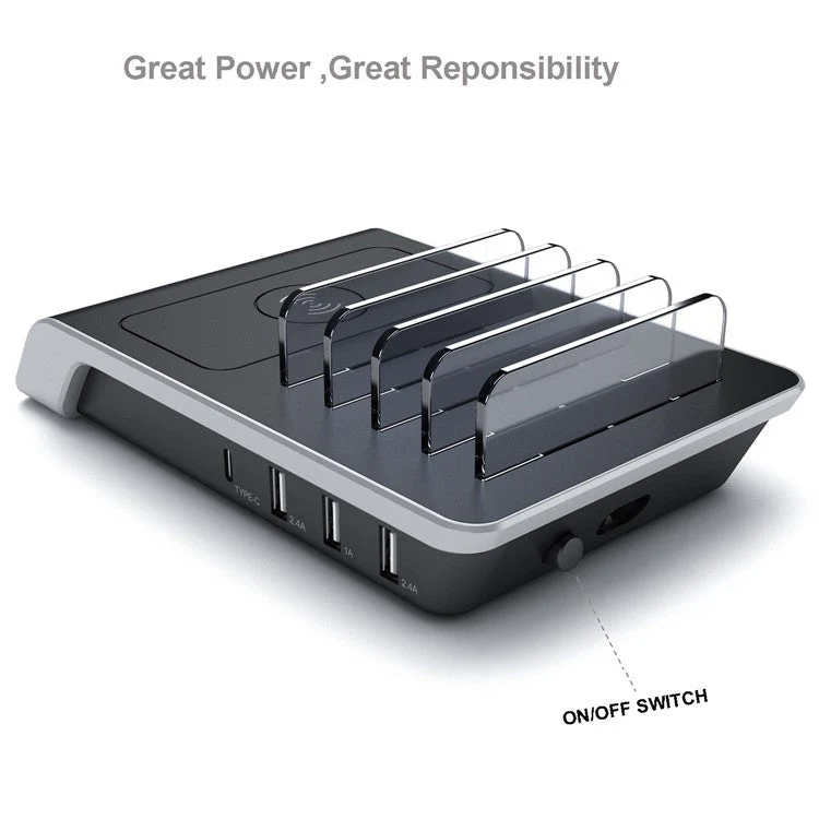 YD09 Multiple Charger Dock Organizer Stand 4 USB Ports Desktop Charging Station QI Wireless Charging Pad - Image 6