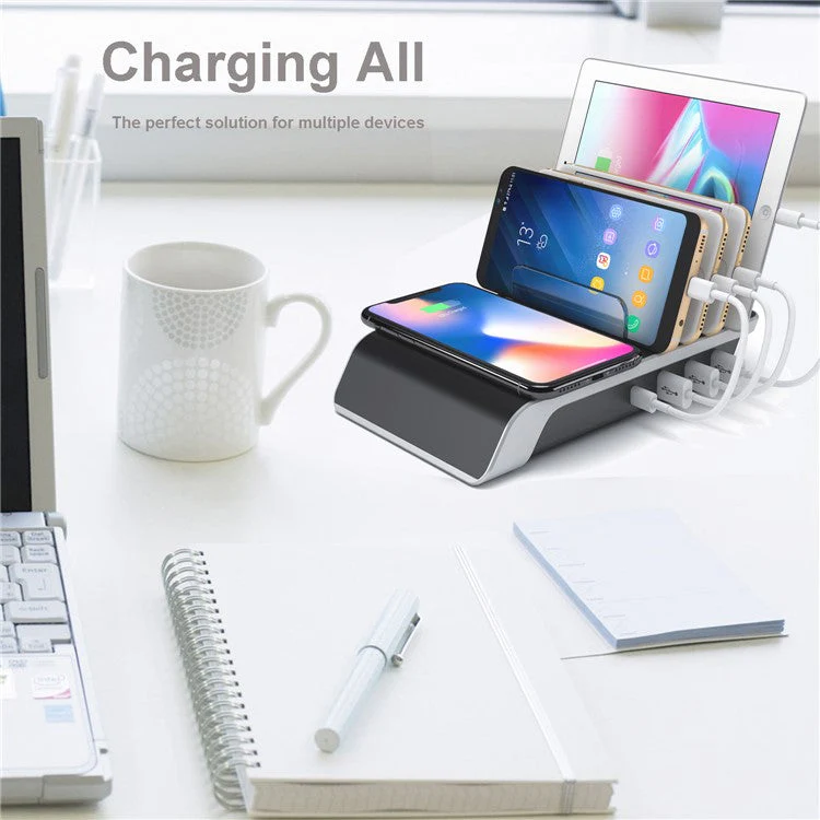 YD09 Multiple Charger Dock Organizer Stand 4 USB Ports Desktop Charging Station QI Wireless Charging Pad - Image 8