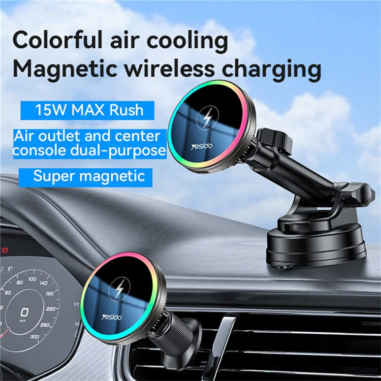 YESIDO C315 Car Wireless Charger Set Suction Cup Air Vent Mount RGB Lighting Cooling Fan 15W Fast Charging Stand - Image 2