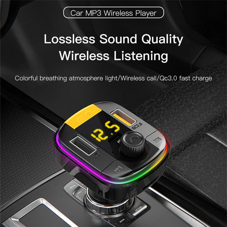YESIDO Y45 Bluetooth 5.0 Wireless FM Transmitter PD + QC 3.0 Dual USB Car Charger with Colorful Light - Image 2