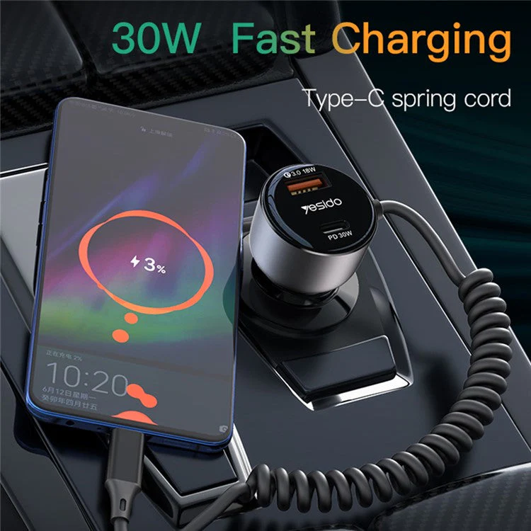 YESIDO Y56 QC3.0 USB + Type-C PD Phone Fast Charging Adapter Car Charger with Spring Type-C Cable - Image 2