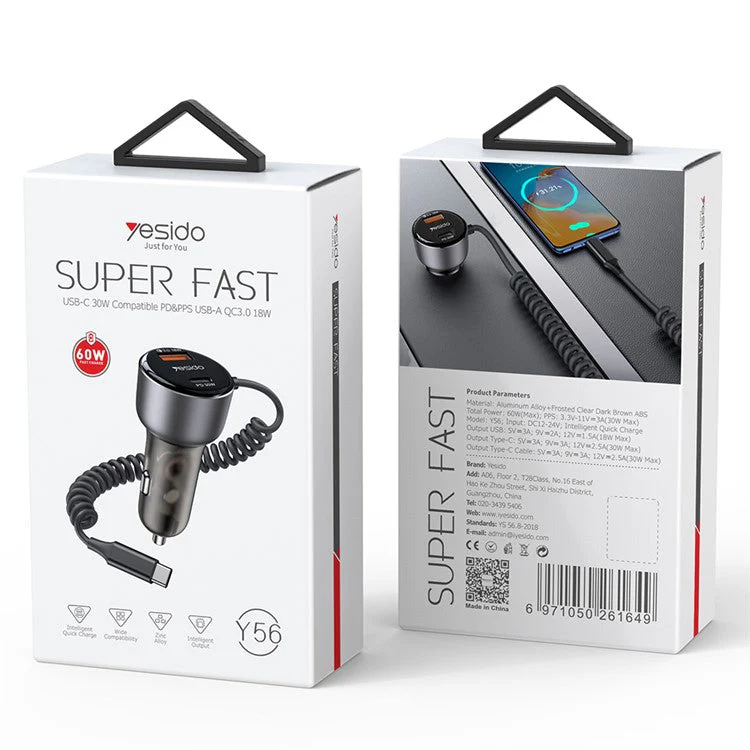 YESIDO Y56 QC3.0 USB + Type-C PD Phone Fast Charging Adapter Car Charger with Spring Type-C Cable - Image 8
