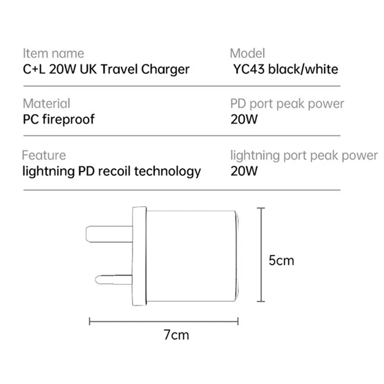 YESIDO YC43 20W Wall Charger Type-C + 8-Pin Phone Charging Adapter with Cable, UK Plug - White - Image 6