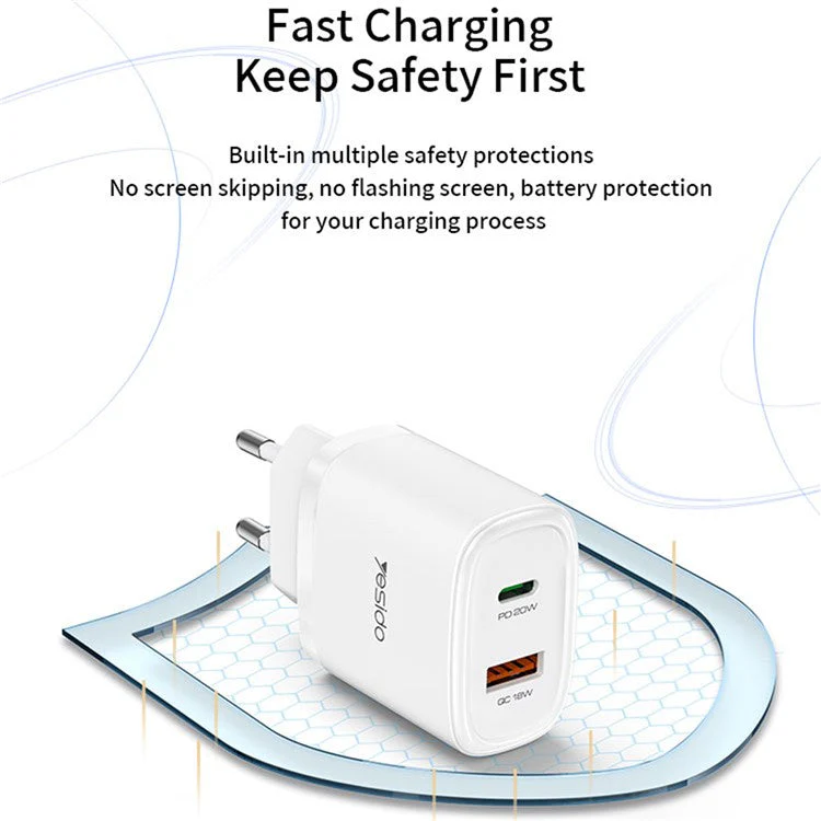 YESIDO YC47 20W EU Plug USB+Type-C Charging Adapter Wall Charger with Type-C to iP Cable - White - Image 3