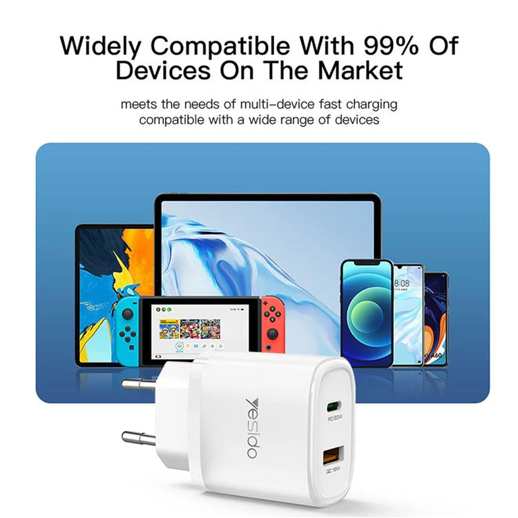 YESIDO YC47 20W EU Plug USB+Type-C Charging Adapter Wall Charger with Type-C to iP Cable - White - Image 4