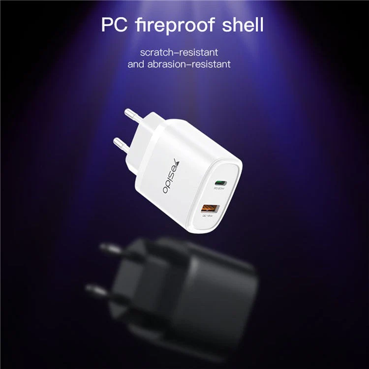 YESIDO YC47 20W EU Plug USB+Type-C Charging Adapter Wall Charger with Type-C to iP Cable - White - Image 7