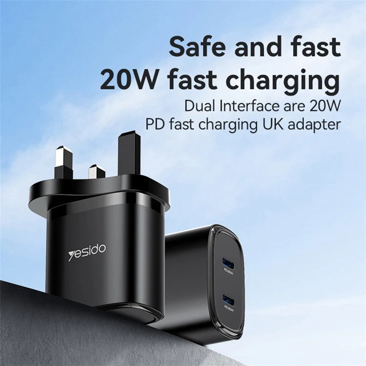 YESIDO YC53 20W UK Plug Charging Adapter Wall Charger with Type-C to iP Cable - Black - Image 2