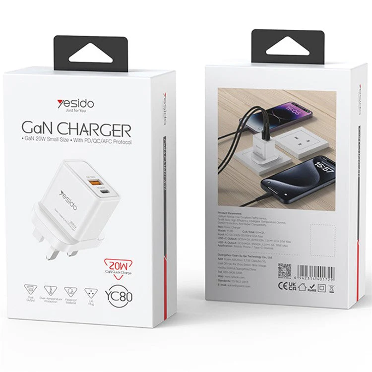 YESIDO YC80 GaN Wall Charger 20W USB+Type-C UK Plug Charging Adapter - Image 8