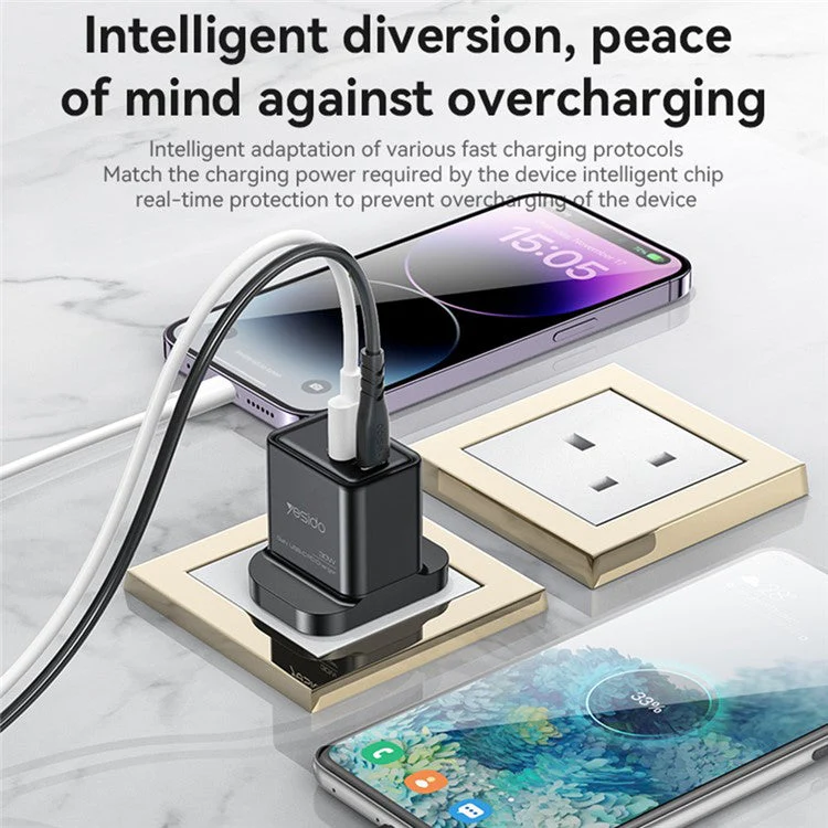 YESIDO YC83 GaN 30W Phone Charger USB+Type-C Port Power Adapter - Image 7