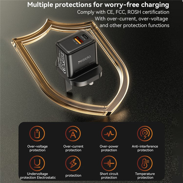 YESIDO YC83 GaN 30W Phone Charger USB+Type-C Port Power Adapter - Image 8