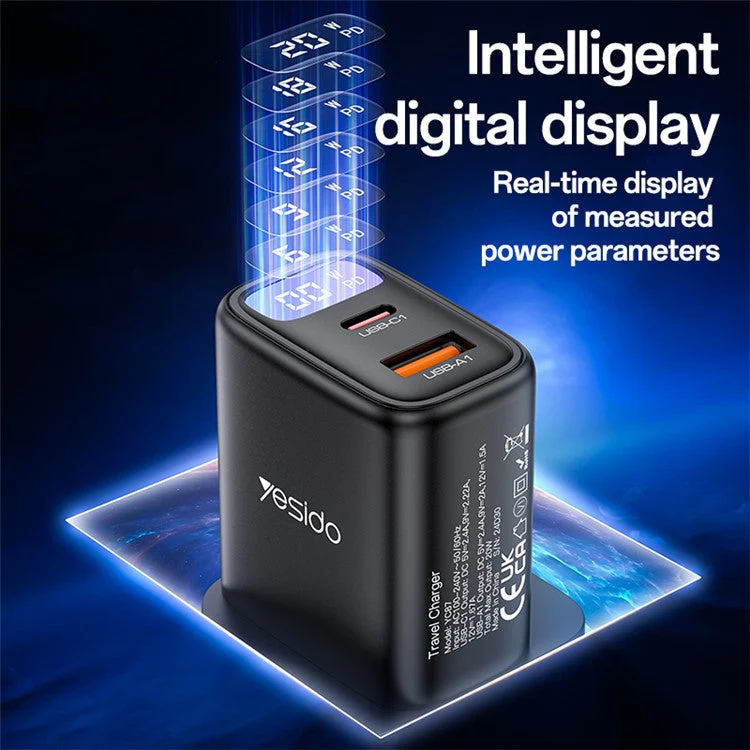 YESIDO YC87 Digital Display 20W Wall Charger USB + Type-C Phone Tablet Charging Adapter, UK Plug - Image 4