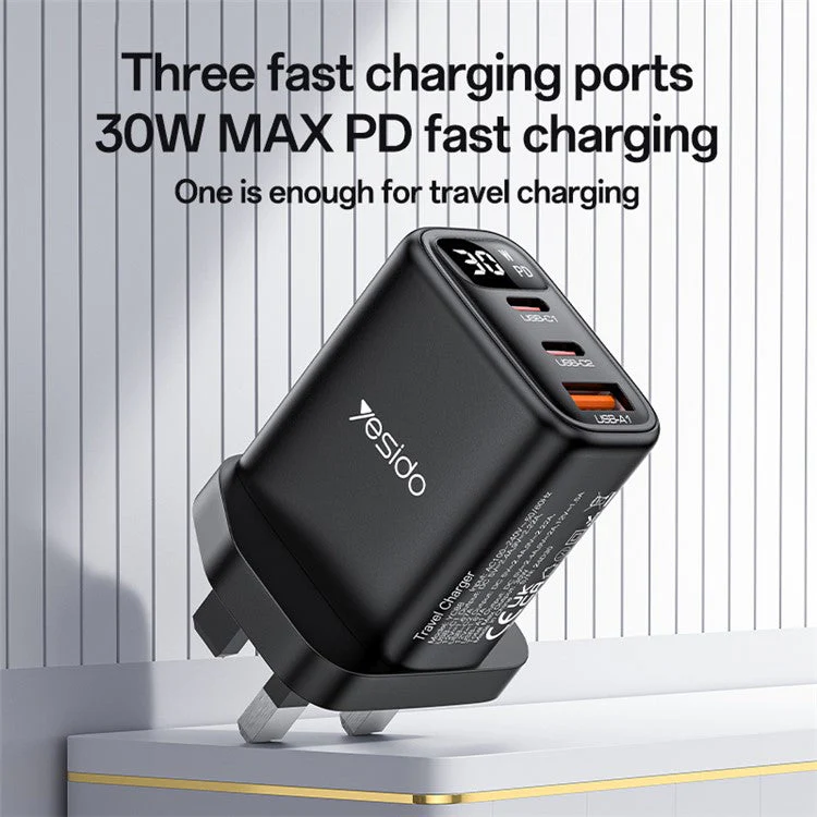YESIDO YC88 Digital Display Wall Charger 2 Type-C + 1 USB-A 30W Phone Fast Charging Adapter, UK Plug - Image 2