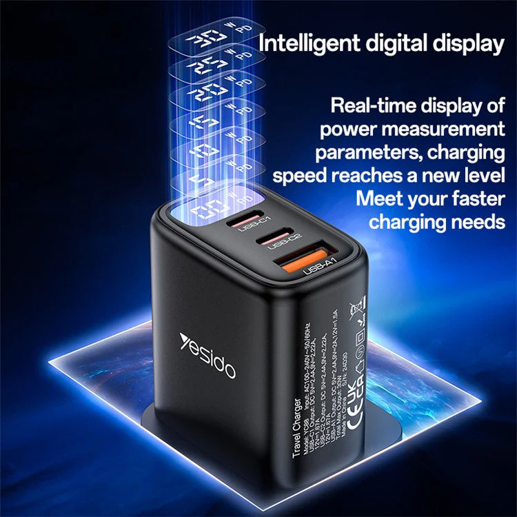 YESIDO YC88 Digital Display Wall Charger 2 Type-C + 1 USB-A 30W Phone Fast Charging Adapter, UK Plug - Image 4