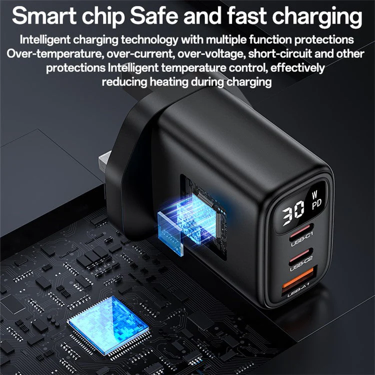 YESIDO YC88 Digital Display Wall Charger 2 Type-C + 1 USB-A 30W Phone Fast Charging Adapter, UK Plug - Image 5