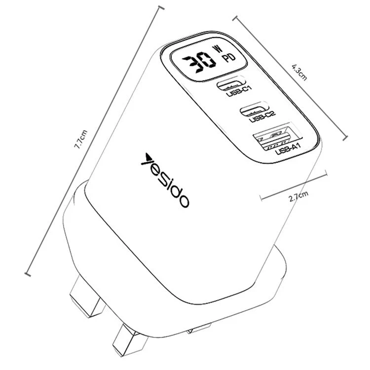YESIDO YC88 Digital Display Wall Charger 2 Type-C + 1 USB-A 30W Phone Fast Charging Adapter, UK Plug - Image 8