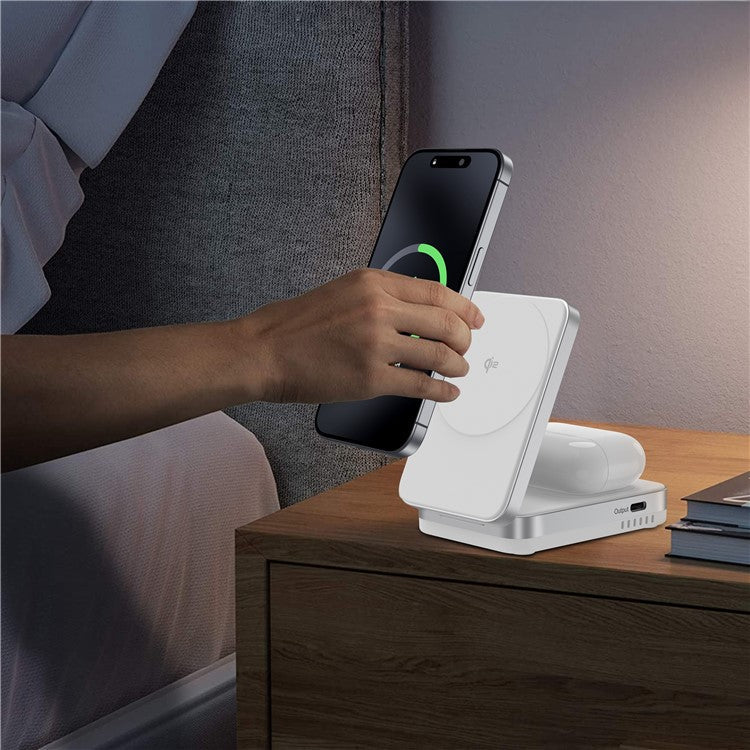 YF-M29 Qi2 Certified 2-in-1 15W Magnetic Wireless Charger with Aluminum Alloy Frame for Earbuds  /  iPhone - White - Image 8