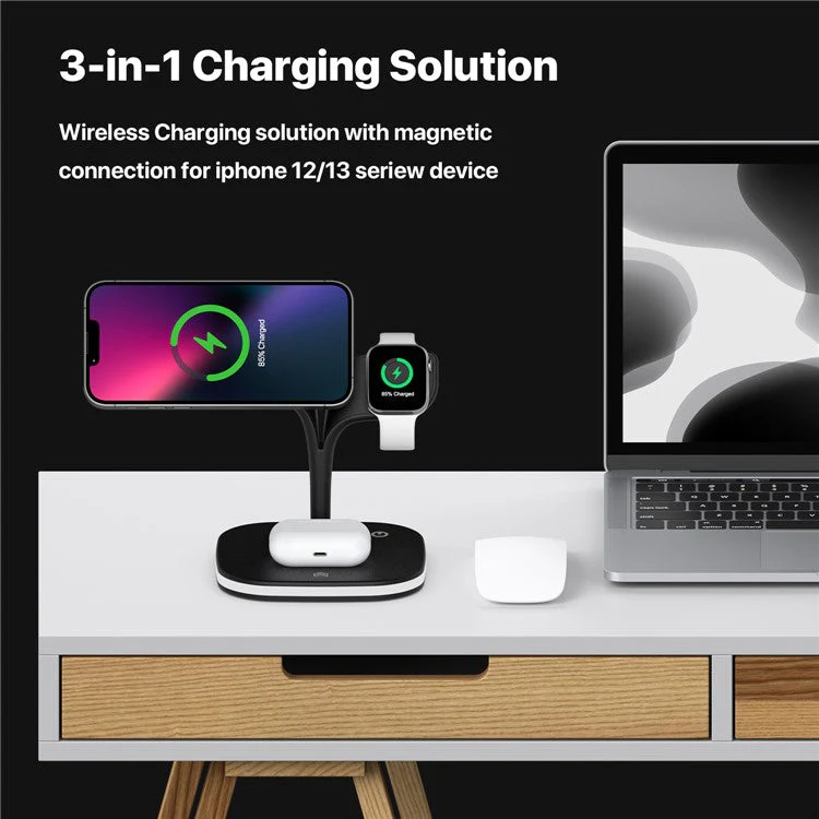 YM-UD22 5 in 1 Magnetic Wireless Charger Stand Portable Phone Charging Holder with Light for iPhone 12/13 Series AirPods2/Pro/iWatch - Black - Image 8